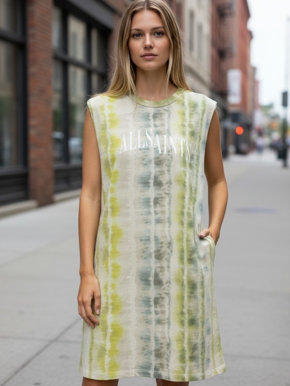 All Saints Green and Beige Tie-Dye Sleeveless Logo Tank Dress
